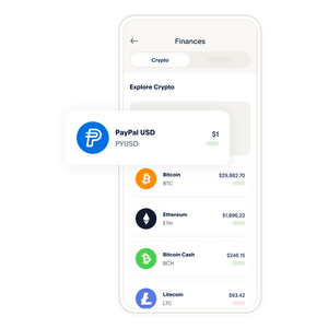 A sample PayPal app screen showing the different crypto offerings